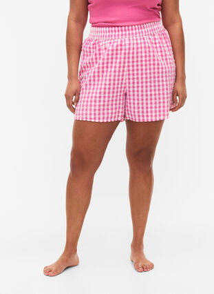 Checked cotton pyjama shorts, Pink Check, Model image number 2