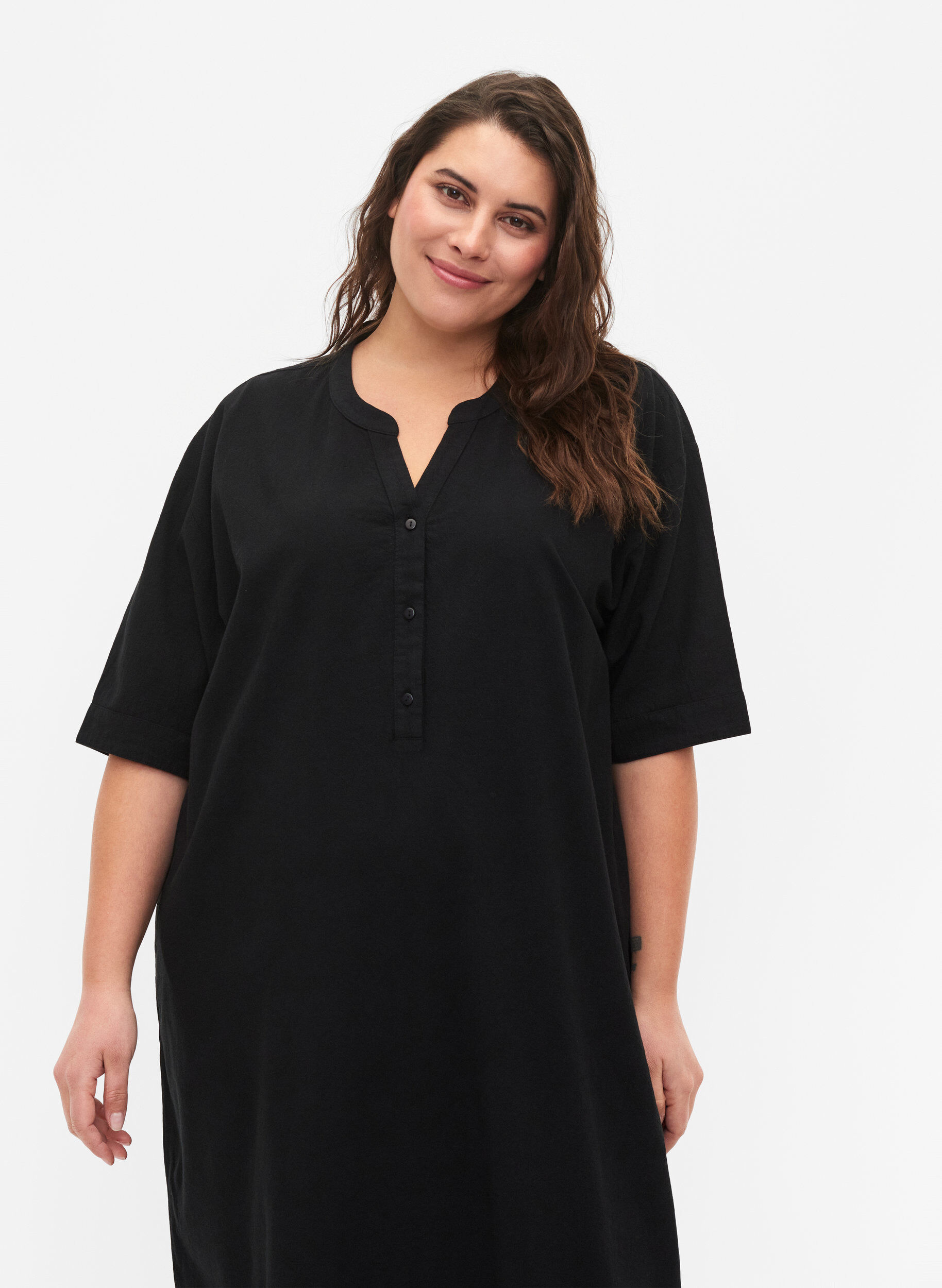 Zizzifashion FLASH - Short sleeved midi dress in cotton, Black, Model image number 2