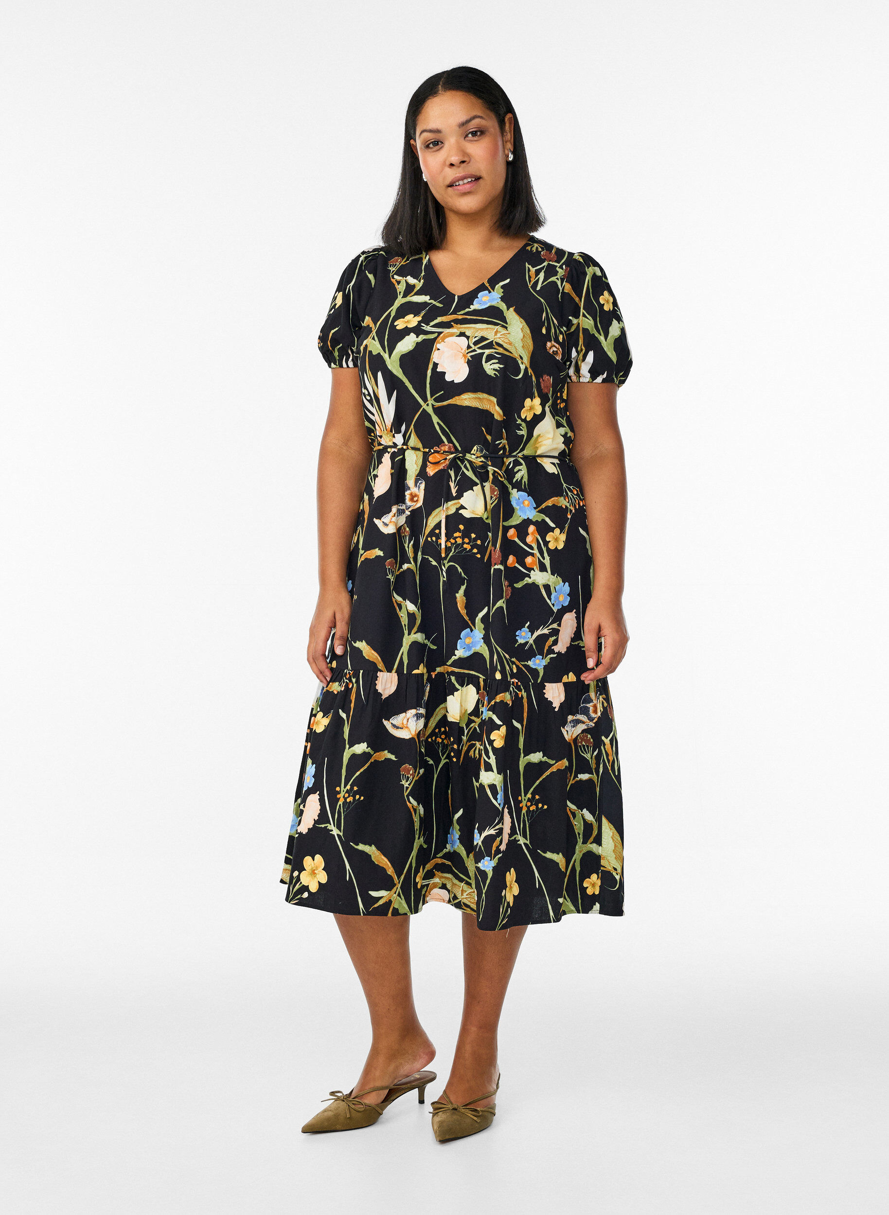Zizzifashion Midi dress with floral print and tie-belt, Black, Model image number 1