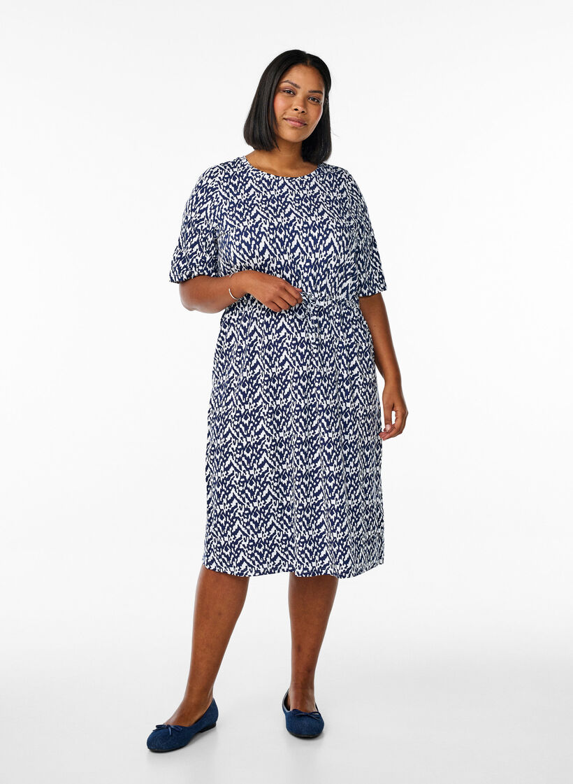 Midi-length jersey dress with tie belt at the waist, Blue, Model image number 0