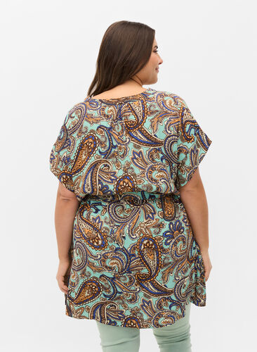 Printed viscose tunic with short sleeves and tie-string, Dusty Jade Green AOP, Model image number 1