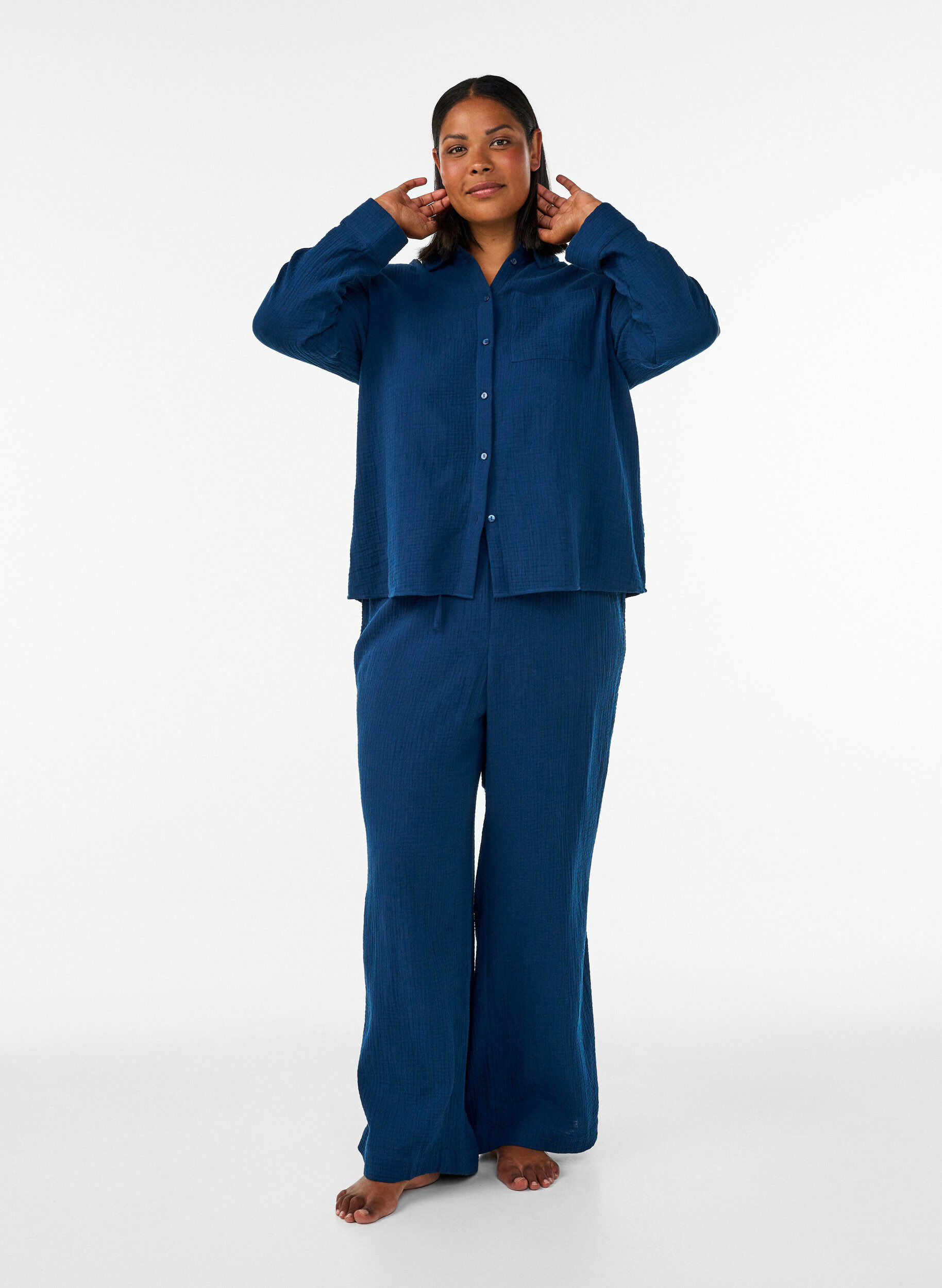 ZizzifashionLoose cotton muslin pyjama bottoms, Blue, Model image number 0