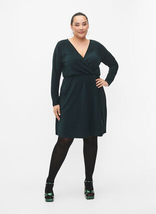 Glitter dress with wrap look and long sleeves, Black Scarab, Model image number 2