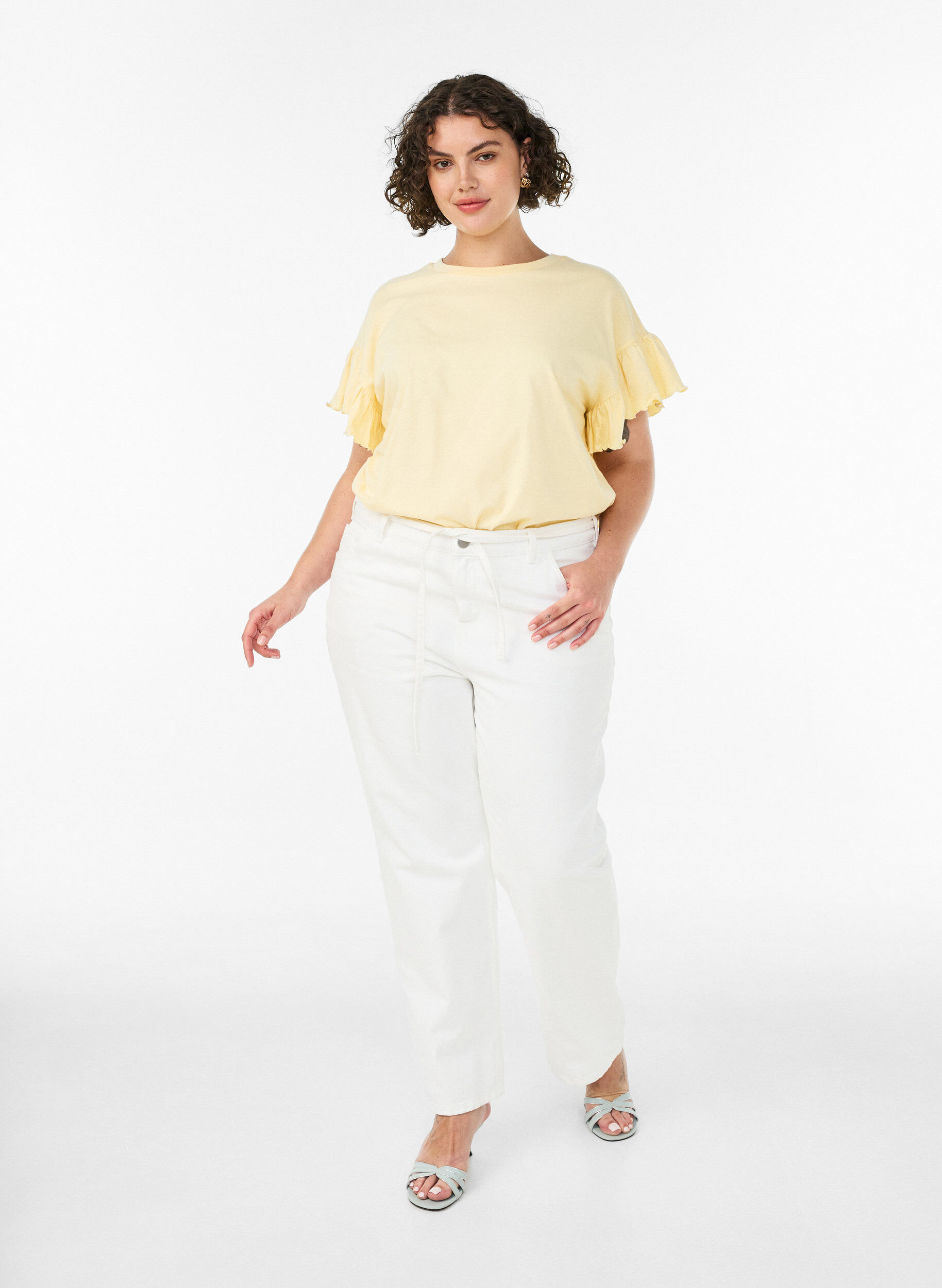 ZizzifashionOrganic cotton T-shirt with ruffle sleeves, Yellow, Model image number 1