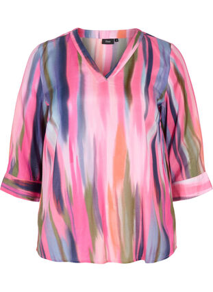 Printed viscose blouse with 3/4 sleeves, Pink AOP, Packshot image number 0
