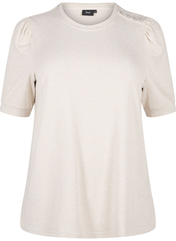 Blouse with button detail and short puff sleeves, Beige, Packshot image number 0