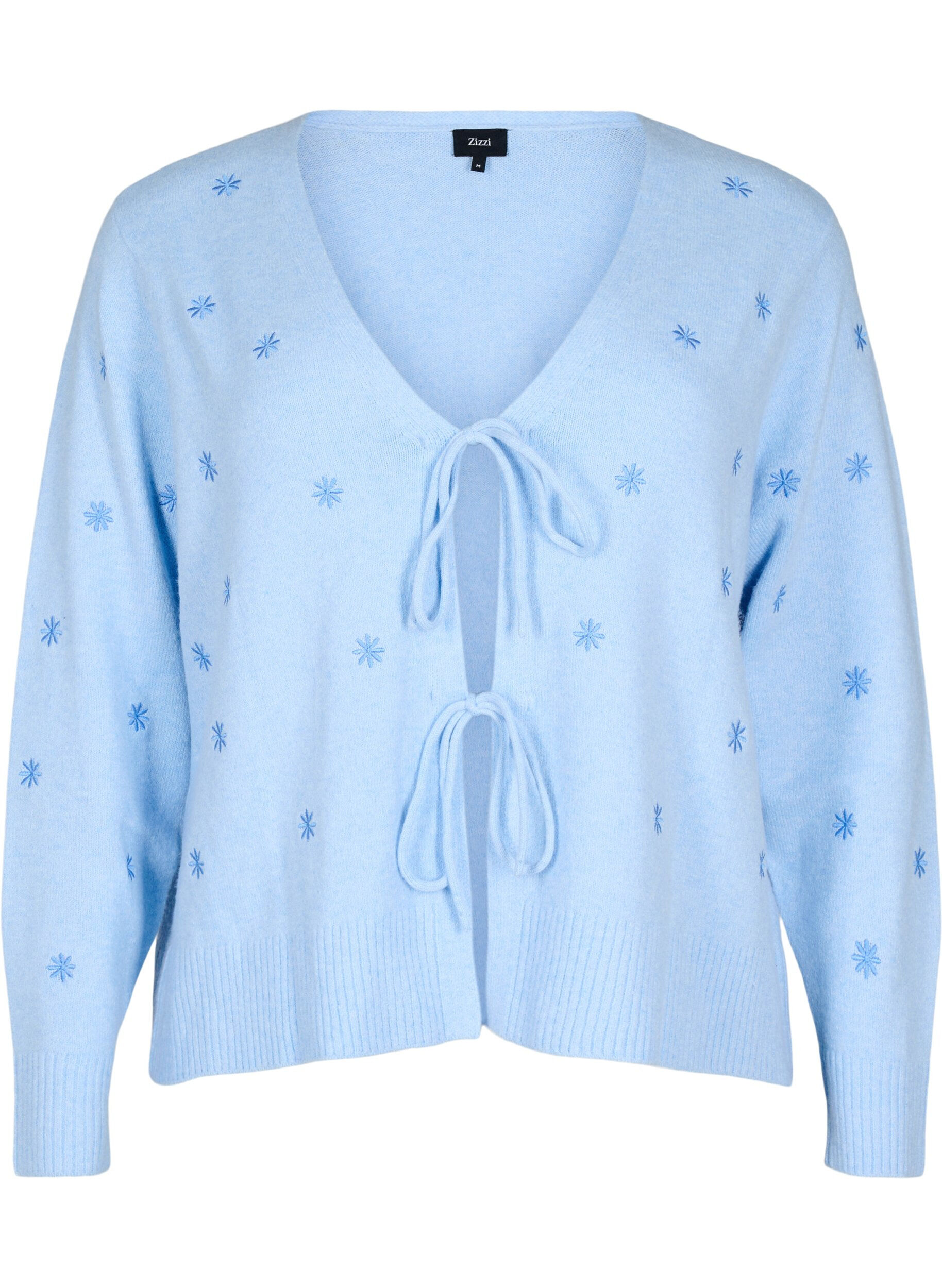 Zizzifashion Knitted cardigan with tie details and embroidery, Cashmere Blue Comb, Packshot image number 0