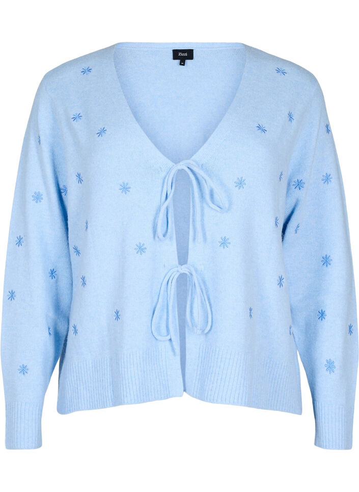 Knitted cardigan with tie details and embroidery, Cashmere Blue Comb, Packshot image number 0