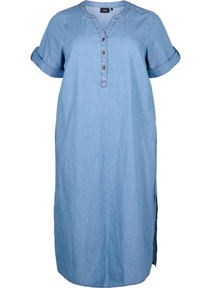 Denim dress with slit and short sleeves, Blue denim, Packshot image number 0