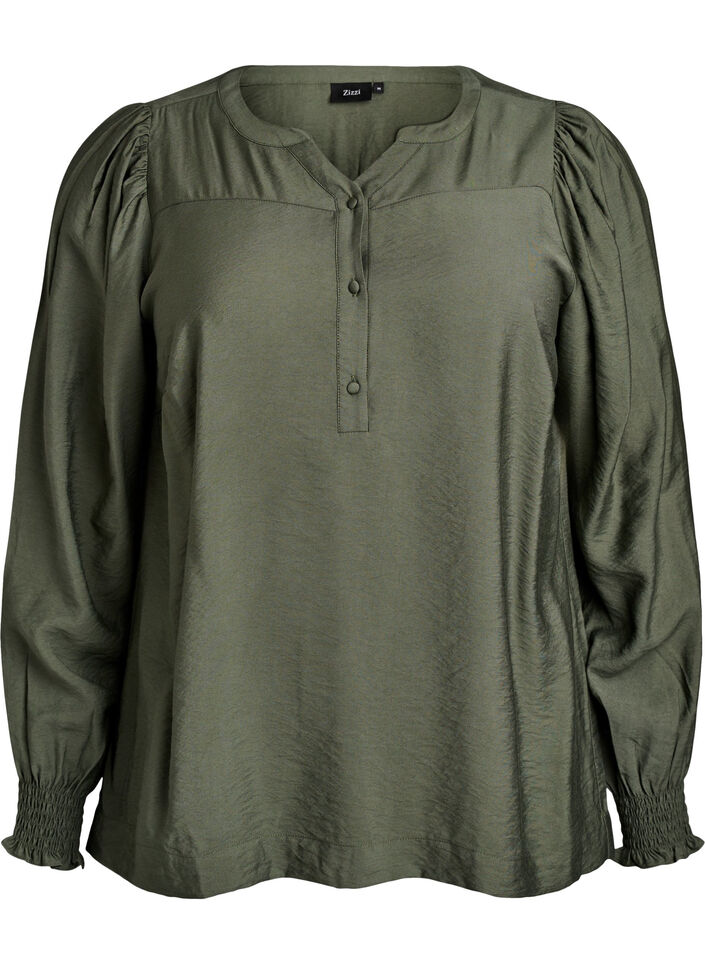 Viscose blouse with smock and gathered details, Green, Packshot image number 0