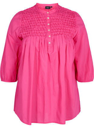 Cotton blouse with 3/4 sleeves and smock, Fuchsia Purple, Packshot image number 0
