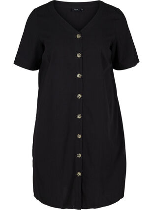 Short-sleeved cotton dress with buttons, Black, Packshot image number 0