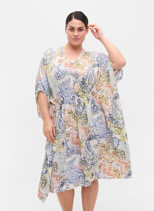 Printed viscose dress with drawstring, White Paisley AOP, Model image number 0