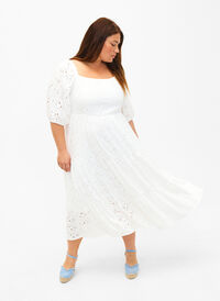 Maxi dress with lace pattern and a square neckline, Bright White, Model