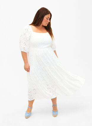 Maxi dress with lace pattern and a square neckline, Bright White, Model image number 0