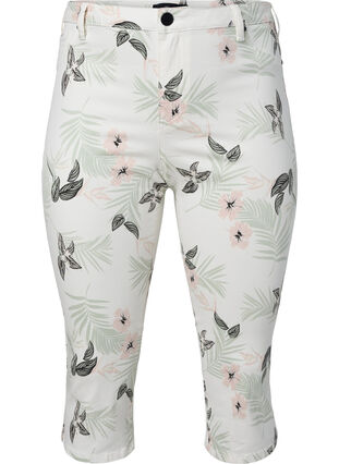 Capri jeans with floral print and high waist, White Flower AOP, Packshot image number 0