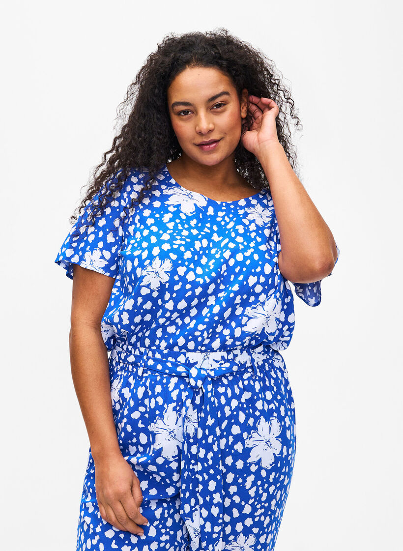 FLASH - Short sleeve viscose blouse with print, Blue, Model image number 0