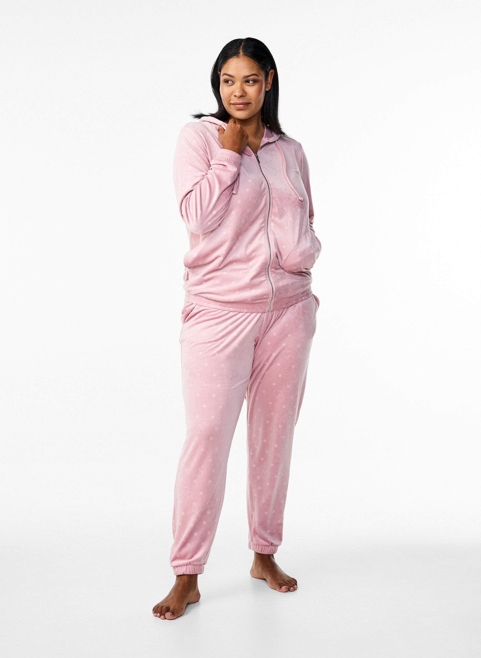 Zizzifashion Velour trousers with polka dots and hearts, Rose, Model image number 0