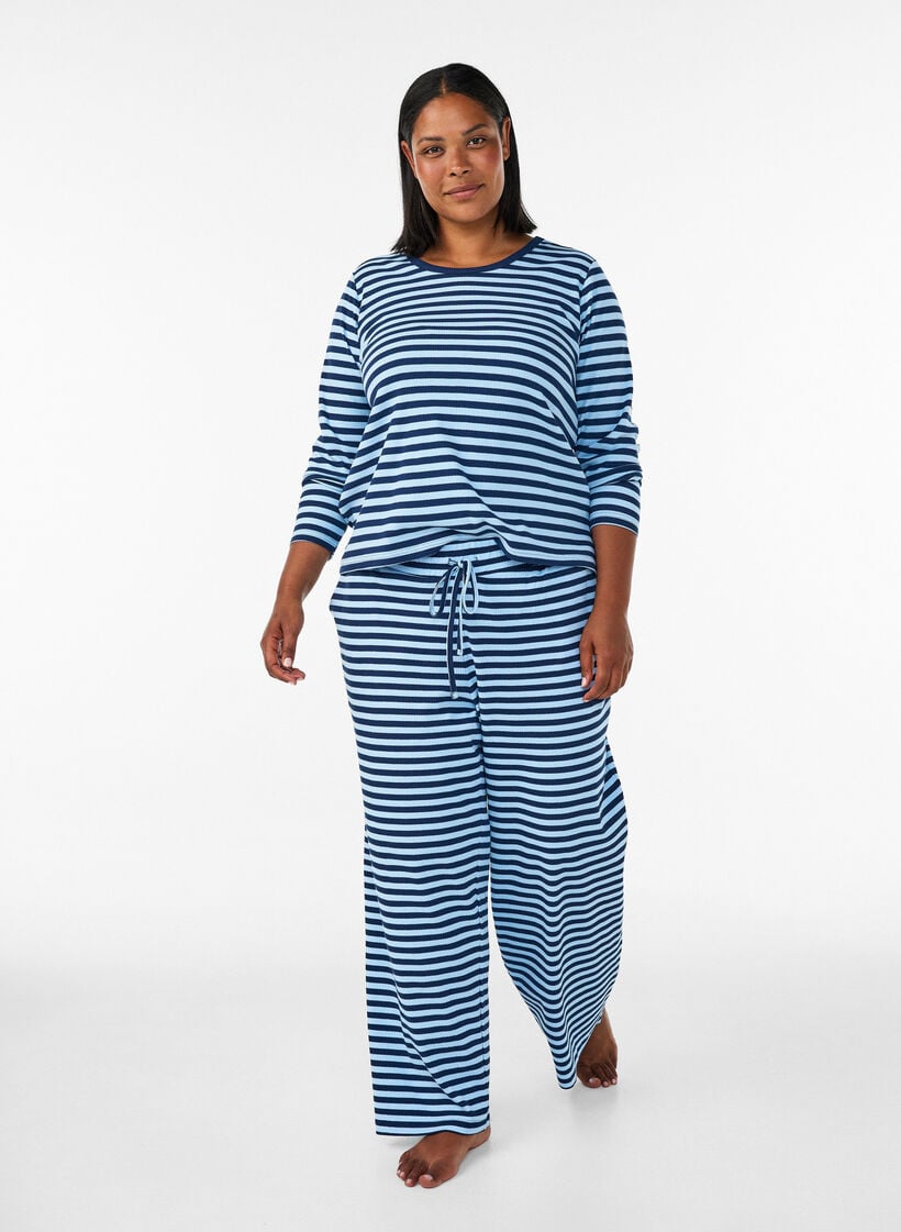 Long-sleeved night top in ribbed jersey with stripes, Blue, Model image number 1