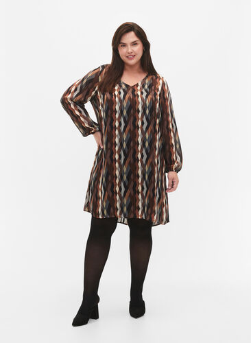 Long-sleeved dress with V-neck and print, Earthy Zig Zag, Model image number 2