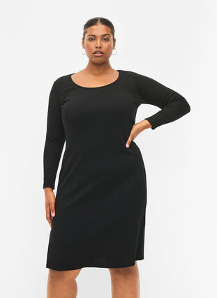 Tight-fitting dress with long sleeves and a slit, Black, Model image number 0