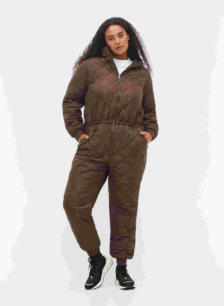 Quilted thermal jumpsuit with adjustable waist, Black Coffee, Model