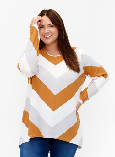 Patterned blouse with long sleeves, Beige Zig Zag, Model image number 0