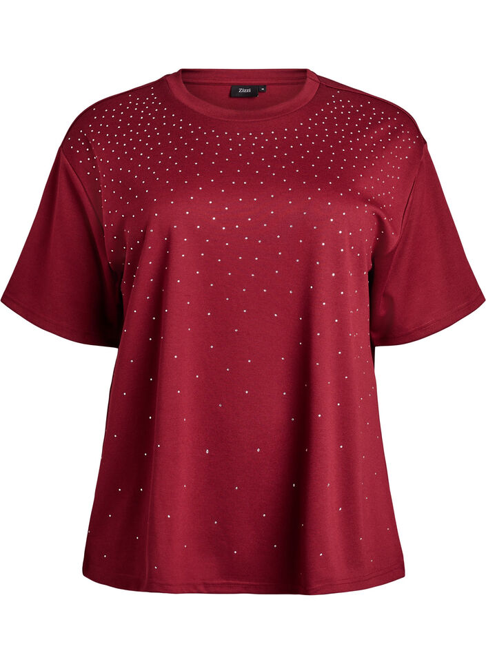 T-shirt with rhinestones and round neck, Dark Bordeaux, Packshot image number 0