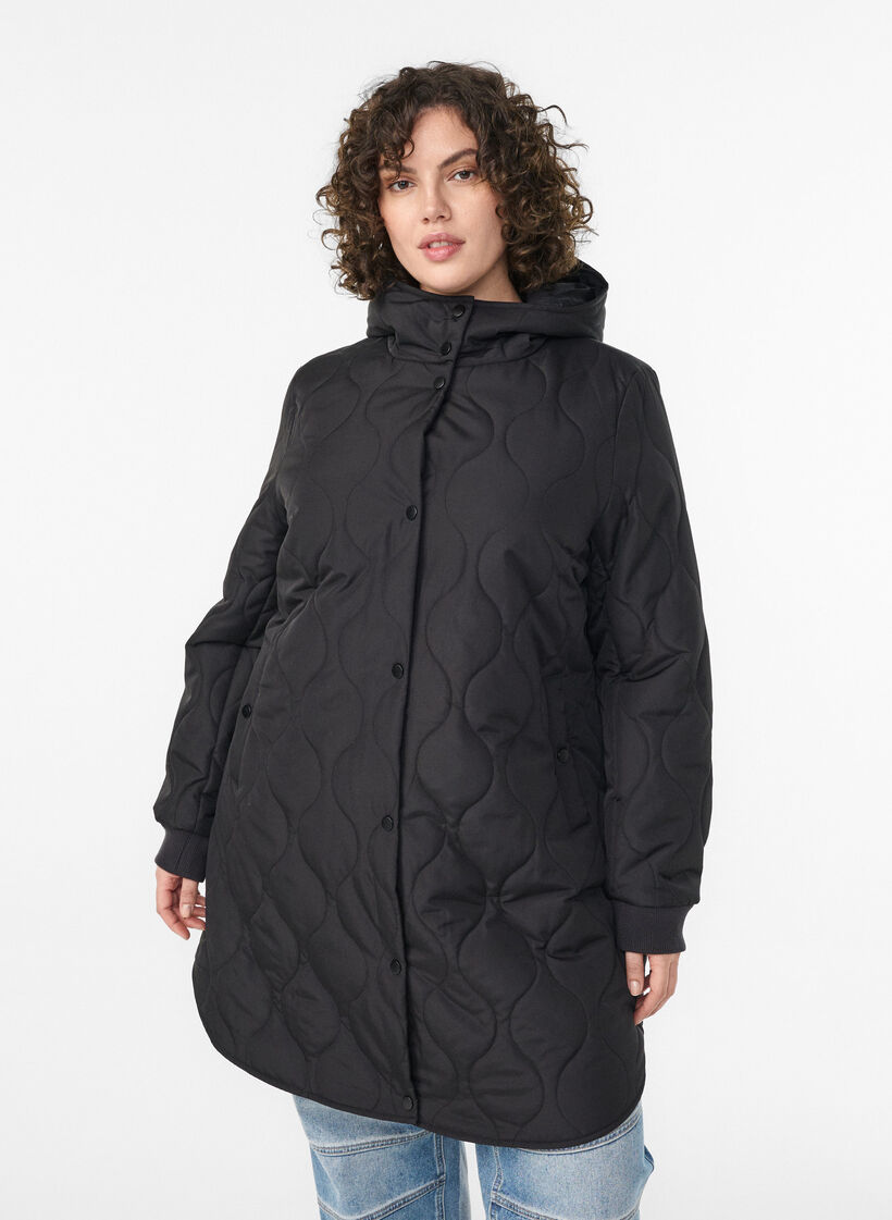 Mid-length quilted jacket with a hood, Black, Model image number 0