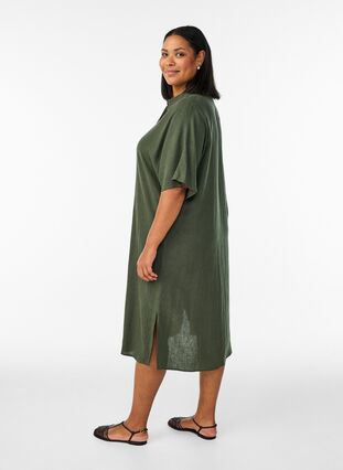 short sleeve linen dress with pockets Cotton Linen Dresses for Women Casual Short Sleeve Crew Neck Floral Embroidery Dress Loose Pleated Front Midi Dress Army Green at Amazon Women's Clothing store