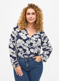 Shirt blouse with v-neck and print, Navy B. Flower AOP, Model