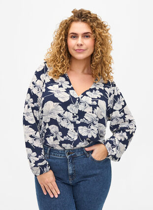 Shirt blouse with v-neck and print, Navy B. Flower AOP, Model image number 0