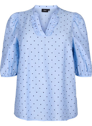 	 Dotted blouse with 3/4 sleeves in viscose material, Light Blue Dot, Packshot image number 0
