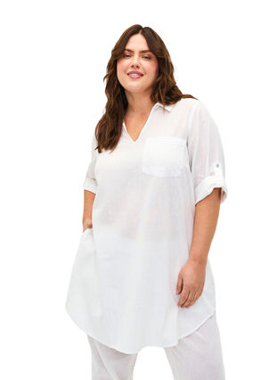 Short-sleeved cotton blend tunic with linen, Bright White, Model image number 0