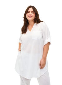 Short-sleeved cotton blend tunic with linen, Bright White, Model
