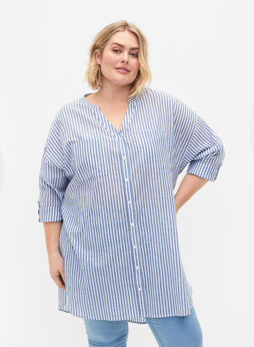 Striped tunic with v neck and buttons, Surf the web Stripe, Model image number 0