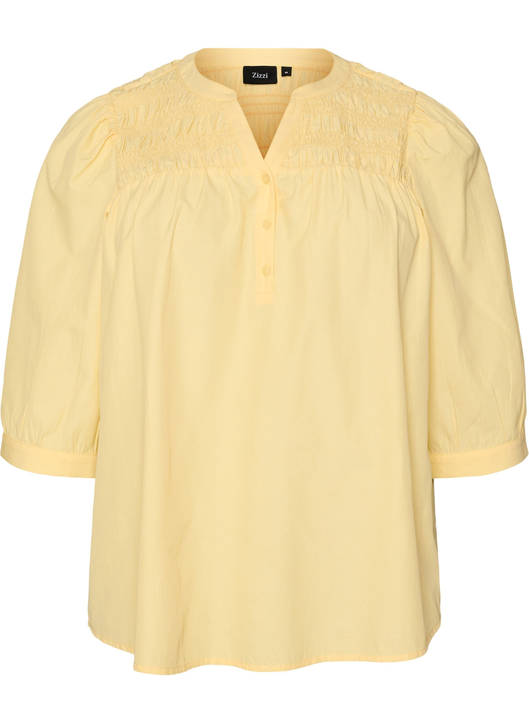 ZizzifashionBlouse with smock and 3/4 sleeves, Yellow, Packshot image number 0