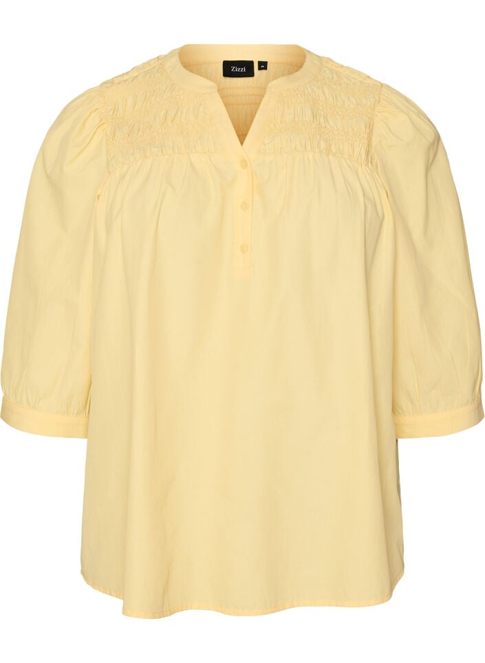 Blouse with smock and 3/4 sleeves, Yellow, Packshot image number 0