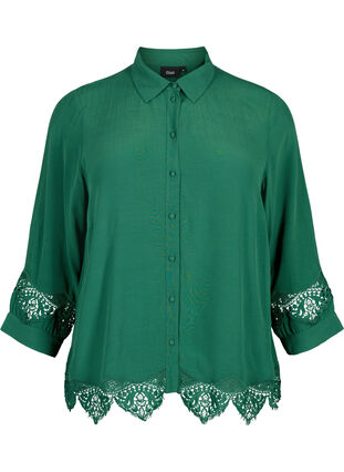Viscose shirt with 3/4 sleeves and embroidery details, Hunter Green, Packshot image number 0
