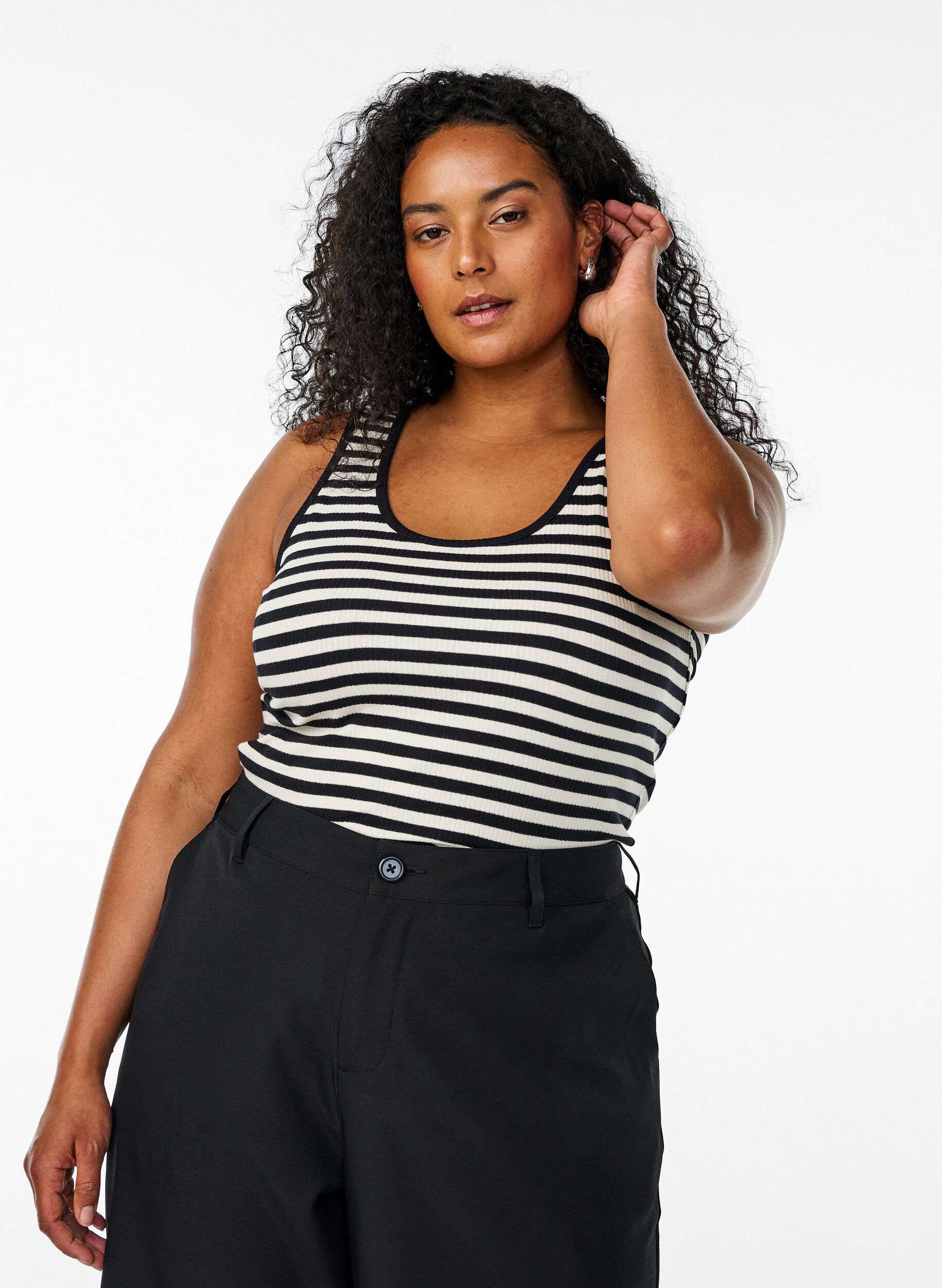 ZizzifashionStriped tank top with a rib structure, Black, Model image number 0