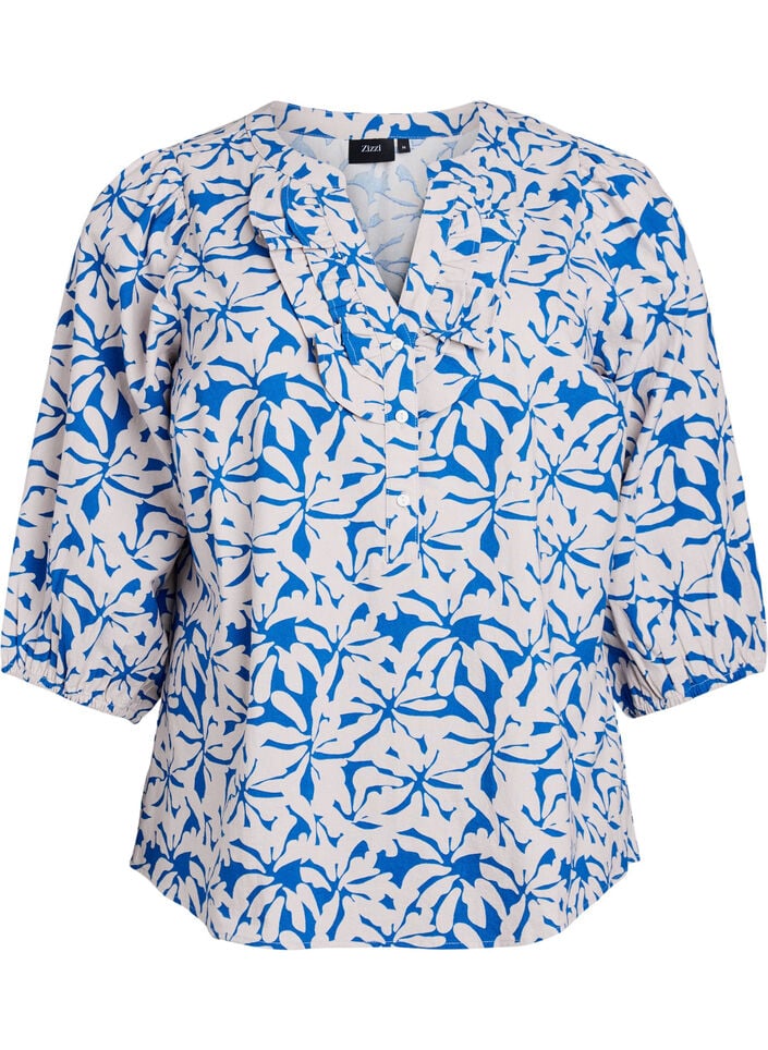 3/4 sleeve cotton blouse with flowers, Blue, Packshot image number 0