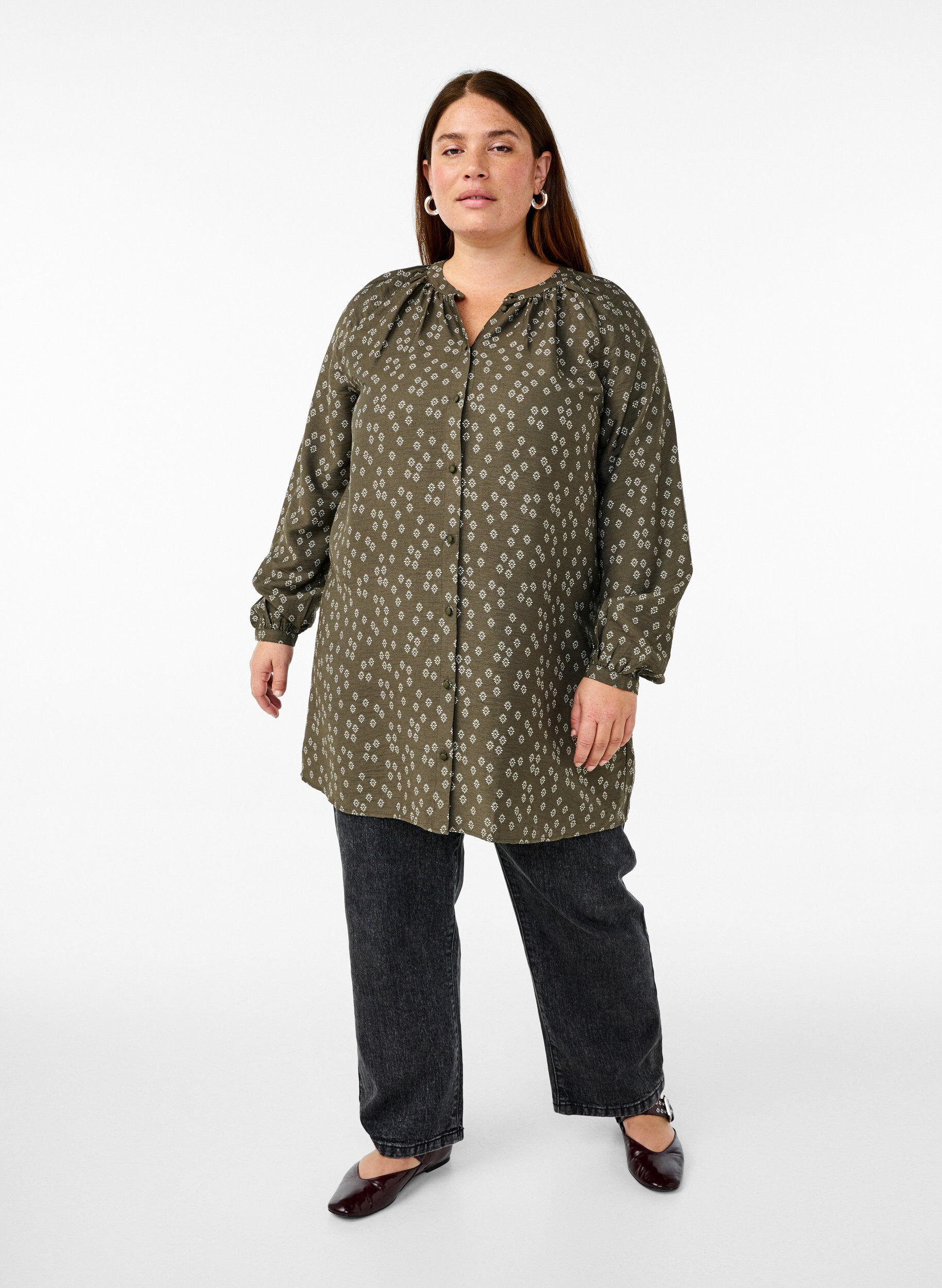 Zizzifashion Long-sleeved tunic with floral print, Green, Model image number 1