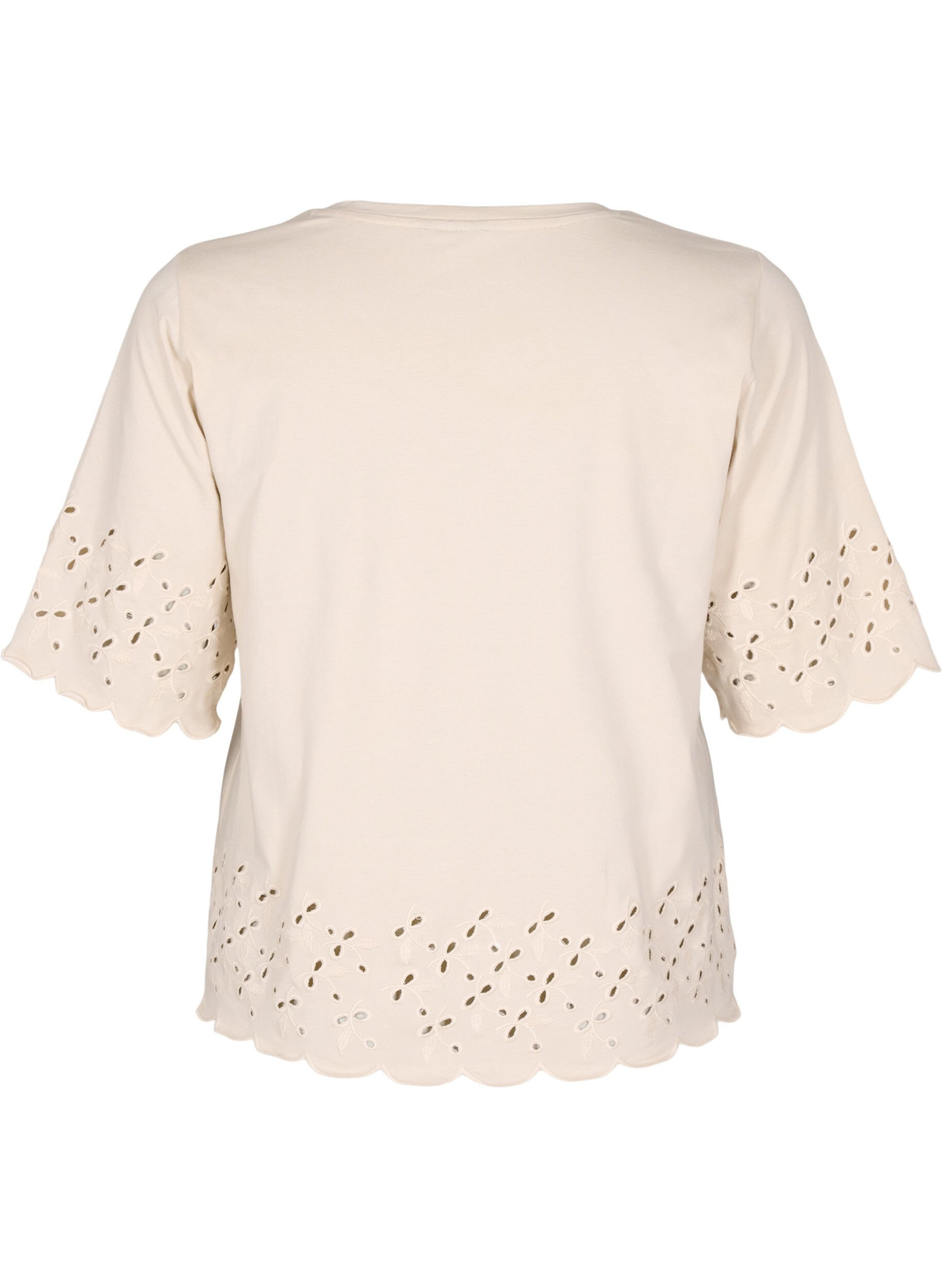 Zizzifashion T-shirt with broderie anglaise and scalloped edges, Beige, Packshot image number 1