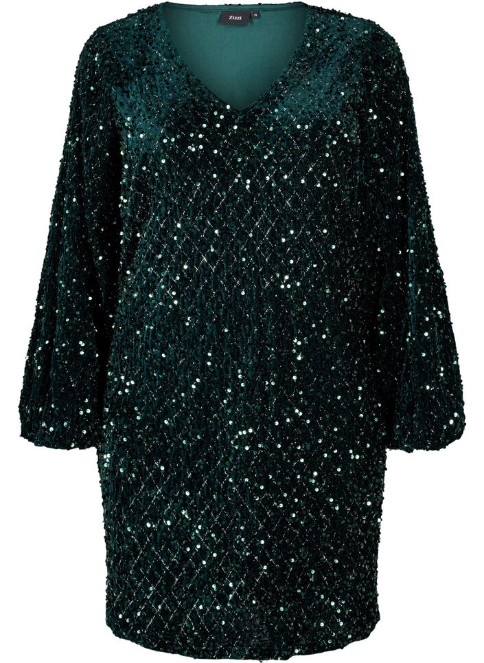 Sequin dress with a V-neck and check pattern, Rain Forest Sequins, Packshot image number 0