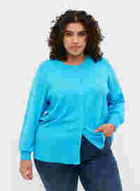 Ribbed cardigan with button closure, River Blue, Model