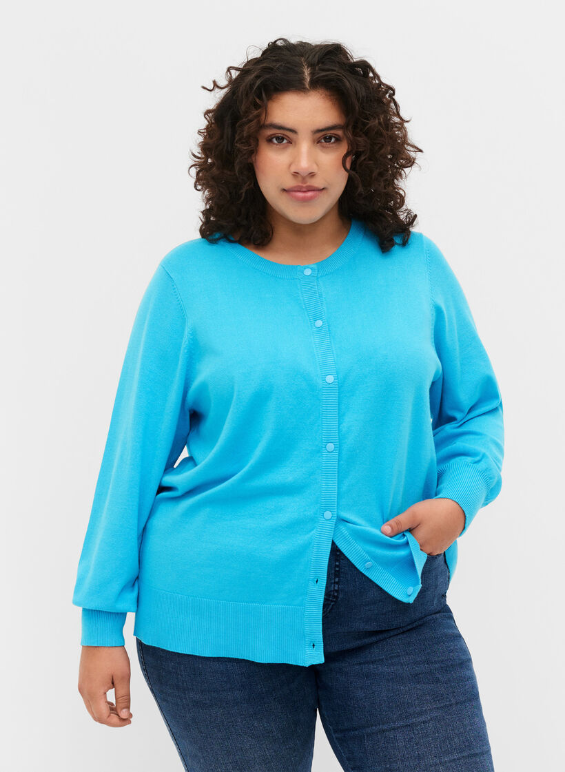 Ribbed cardigan with button closure, River Blue, Model image number 0