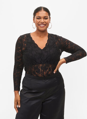 Lace body with long sleeves, Black, Model image number 0