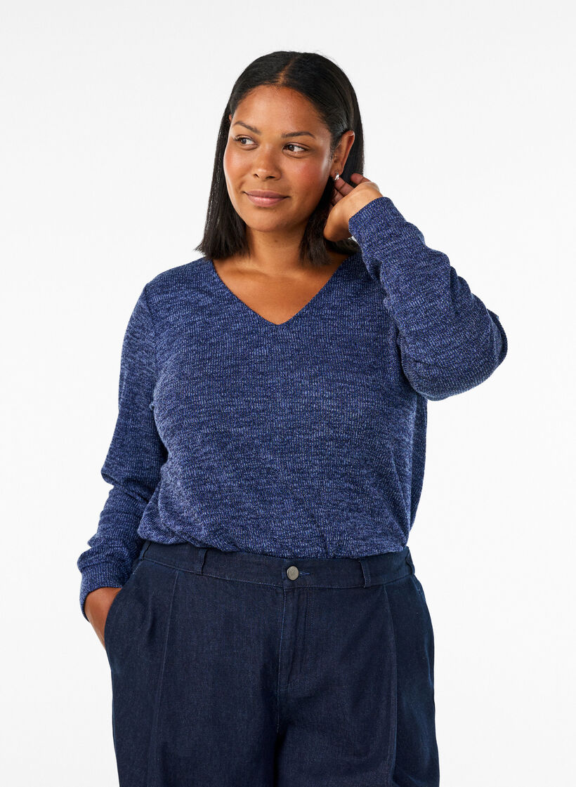 Jersey blouse with a V-neck and long sleeves, Blue, Model image number 0