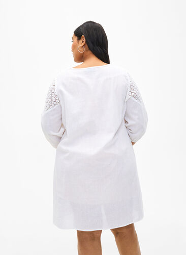 Dress in a cotton blend with linen and crochet detail, Bright White, Model image number 1