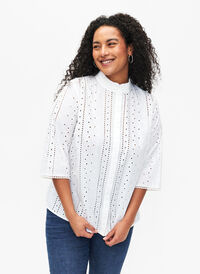 Cotton shirt with hole pattern, Bright White, Model